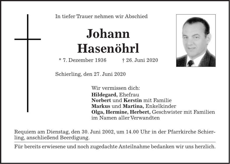 Traueranzeige Johann Hasenöhrl