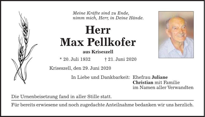 Traueranzeige Pellkofer Max