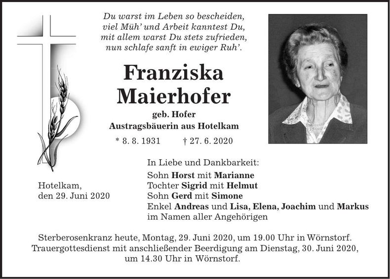 Traueranzeige Franziska Maierhofer
