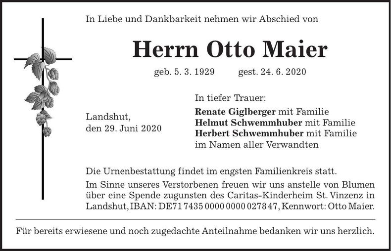 Traueranzeige Otto Maier