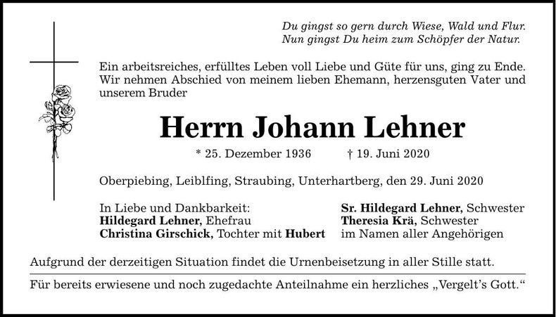 Traueranzeige Johann Lehner