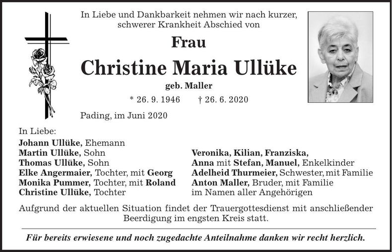 Traueranzeige Christine Maria Ullüke