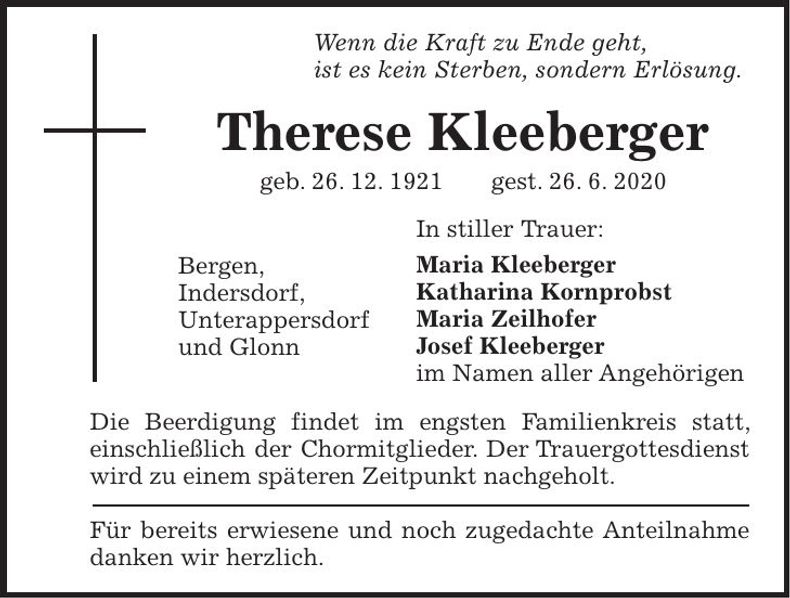 Traueranzeige Therese Kleeberger