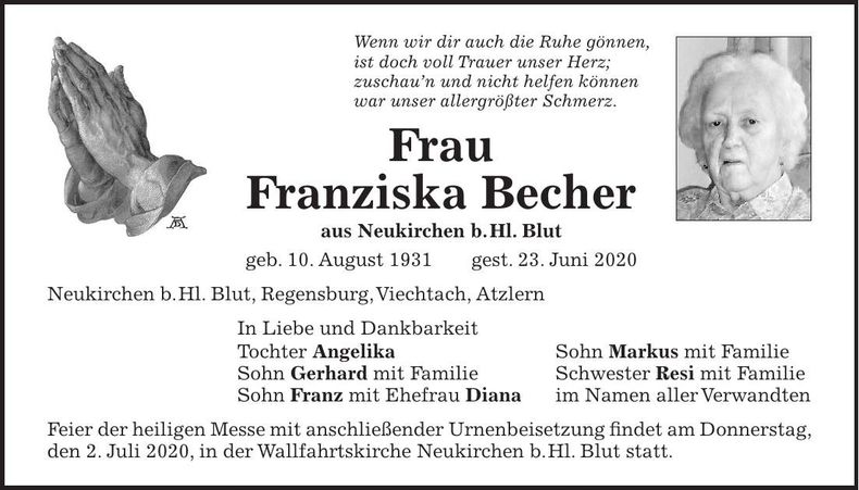 Traueranzeige Franziska Becher