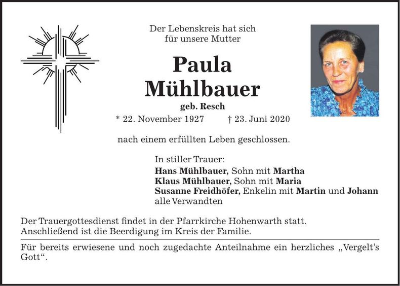 Traueranzeige Paula Mühlbauer