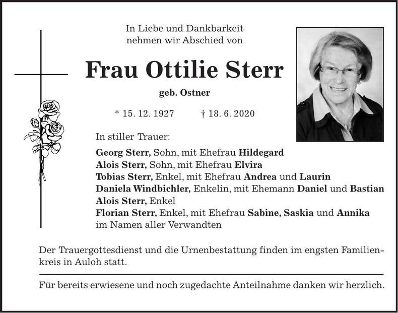 Traueranzeige Ottilie Sterr