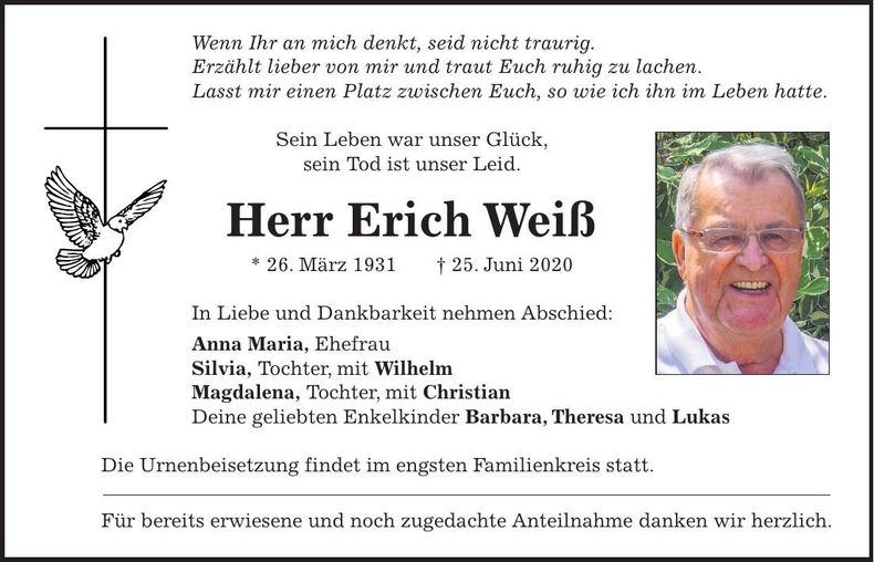 Traueranzeige Erich Weiß