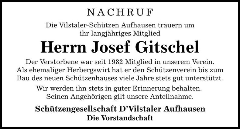 Traueranzeige Josef Gitschel