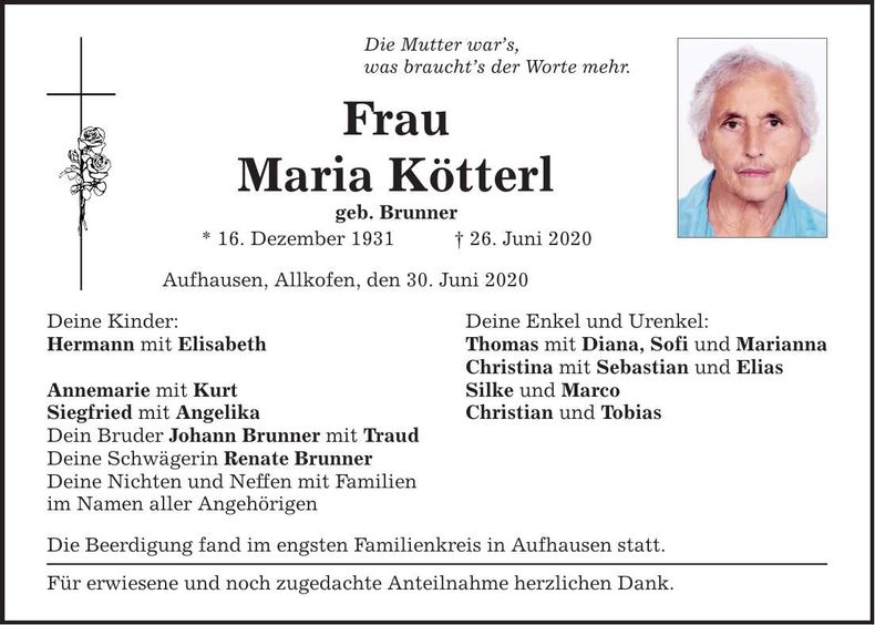 Traueranzeige Maria Kötterl