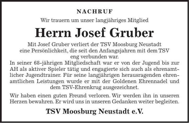 Traueranzeige Gruber Josef
