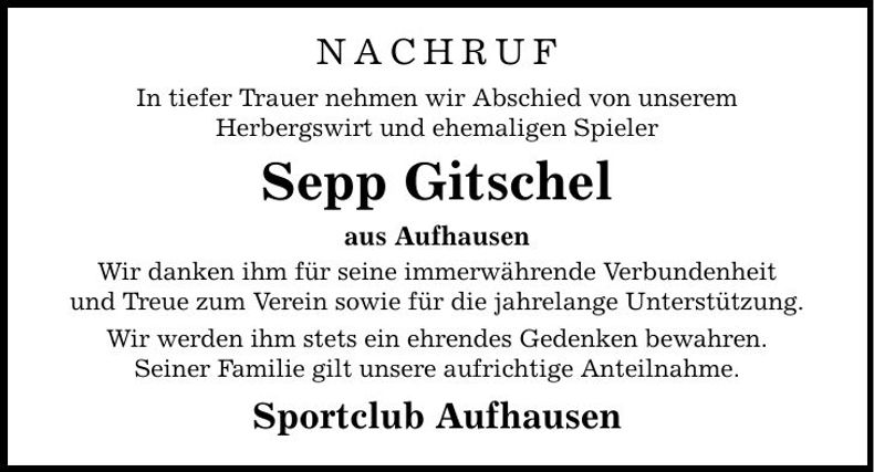 Traueranzeige Josef Gitschel