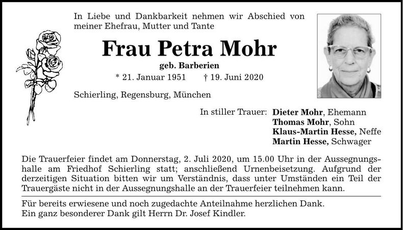 Traueranzeige Petra Mohr