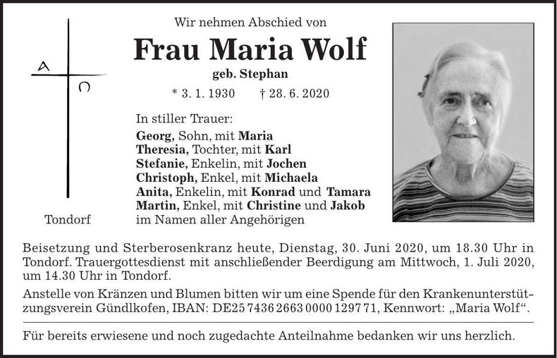 Traueranzeige Maria Wolf