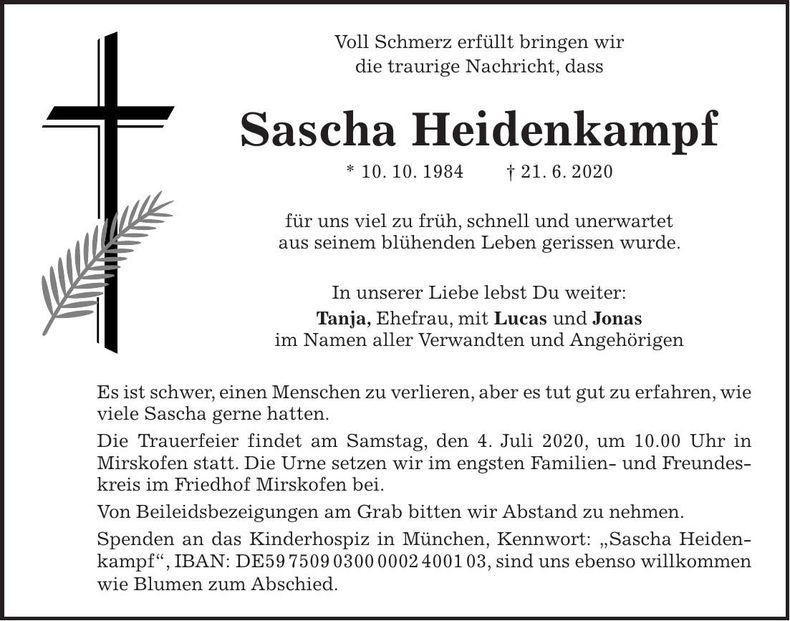 Traueranzeige Sascha Heidenkampf