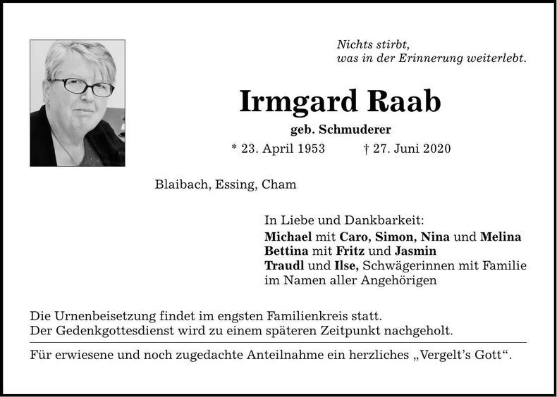 Traueranzeige Irmgard Raab