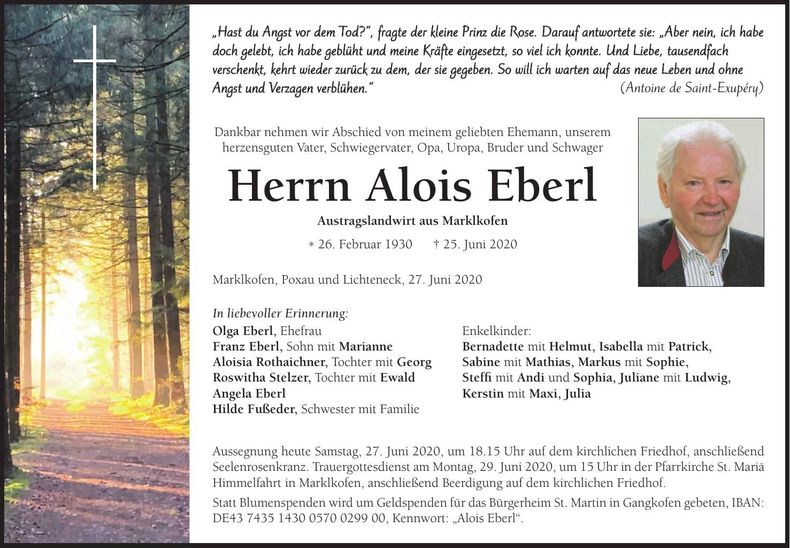 Traueranzeige Alois Eberl