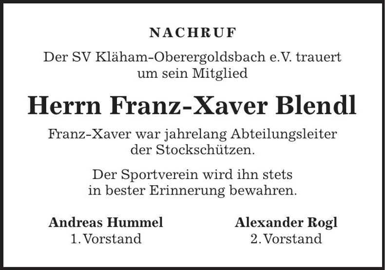 Traueranzeige Franz-Xaver Blendl