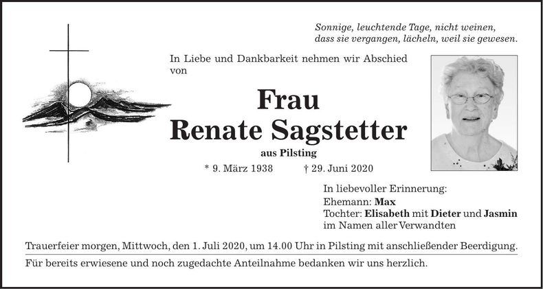 Traueranzeige Renate Sagstetter