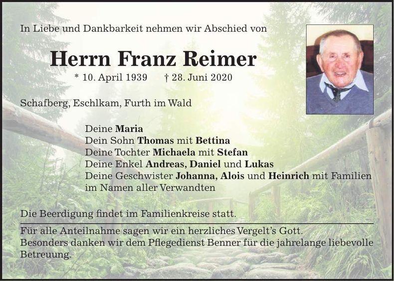 Traueranzeige Franz Reimer