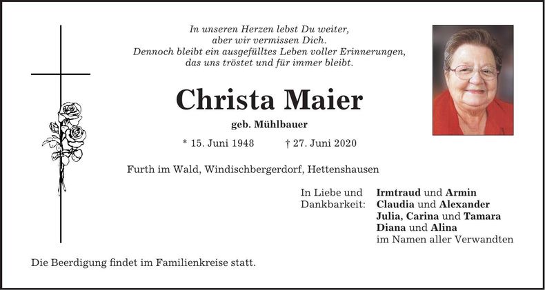 Traueranzeige Christa Maier