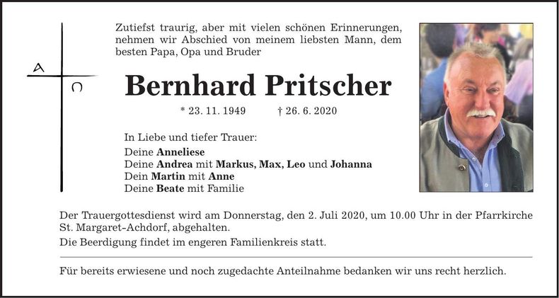 Traueranzeige Bernhard Pritscher
