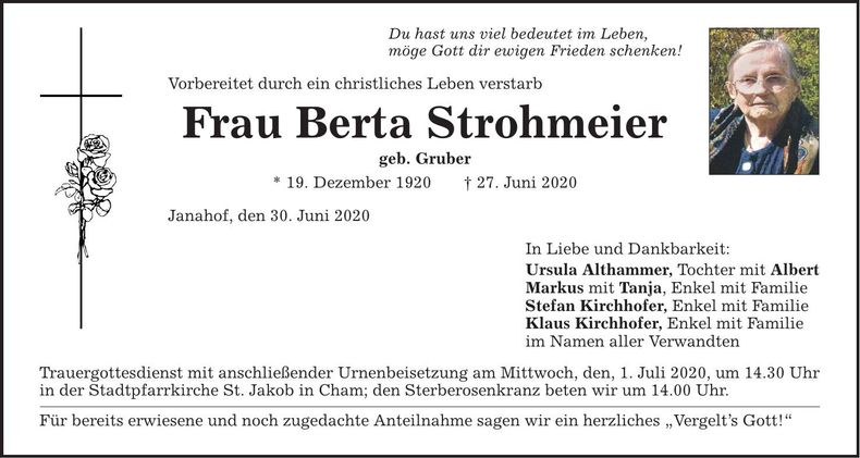 Traueranzeige Berta Strohmeier