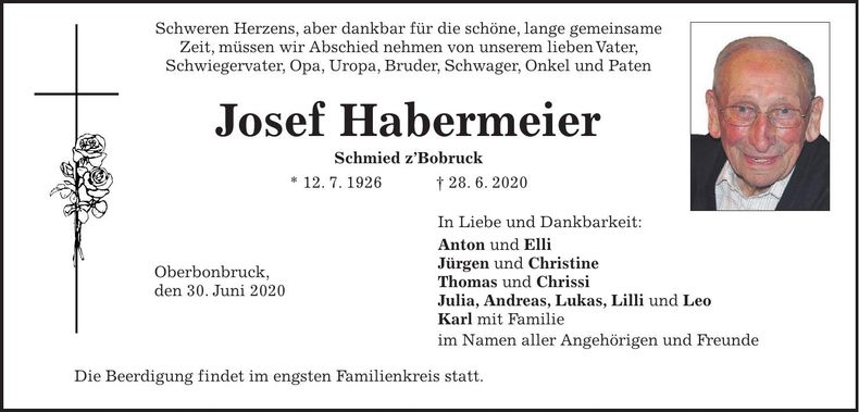 Traueranzeige Josef Habermeier