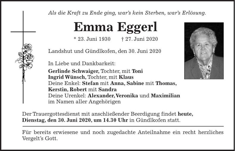 Traueranzeige Emma Eggerl