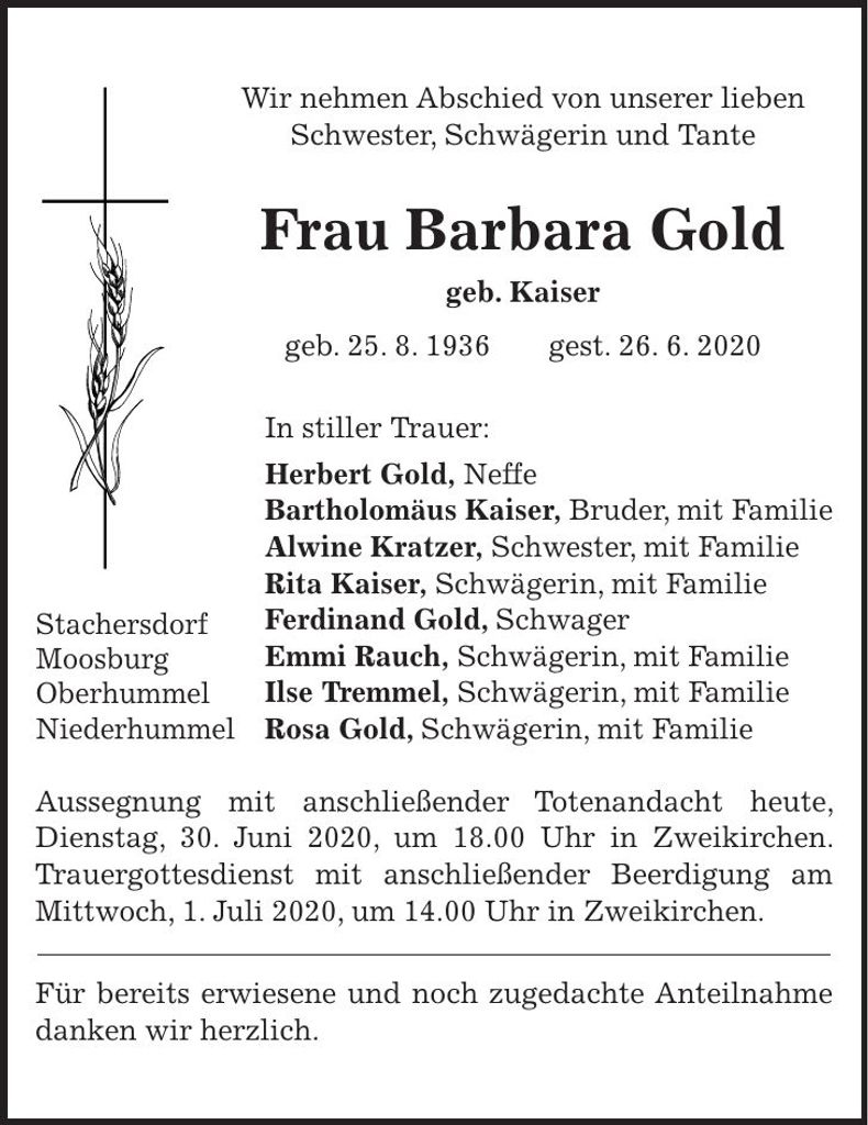 Traueranzeige Barbara Gold