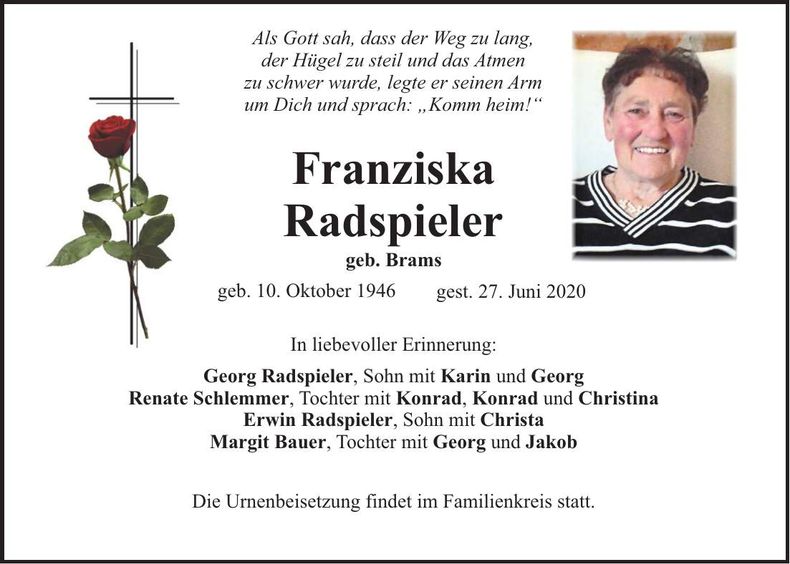 Traueranzeige Franziska Radspieler