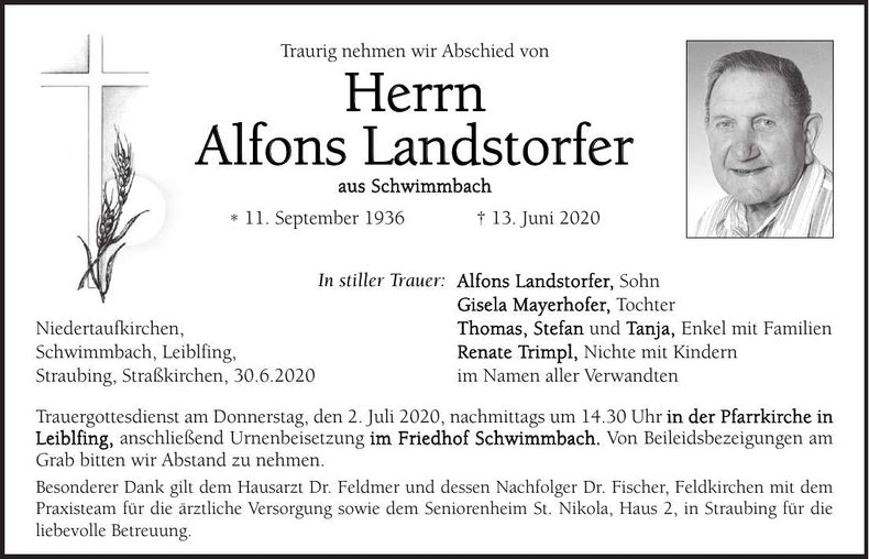 Traueranzeige Alfons Landstorfer
