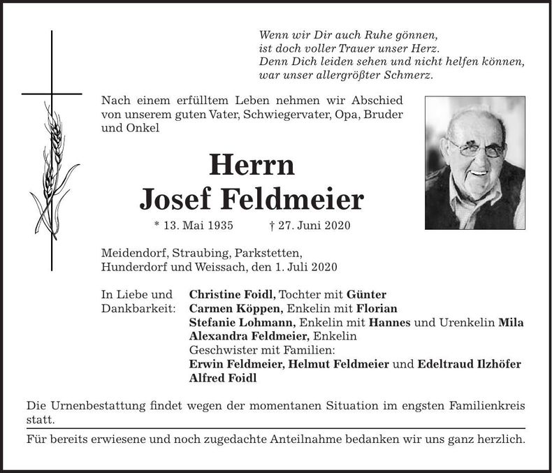 Traueranzeige Josef Feldmeier