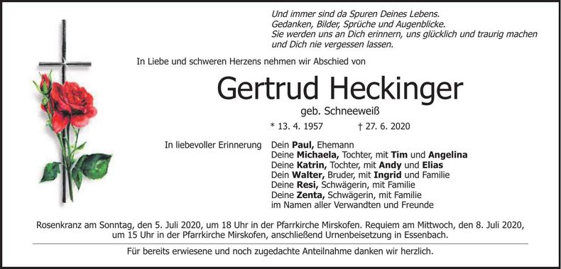 Traueranzeige Gertrud Heckinger