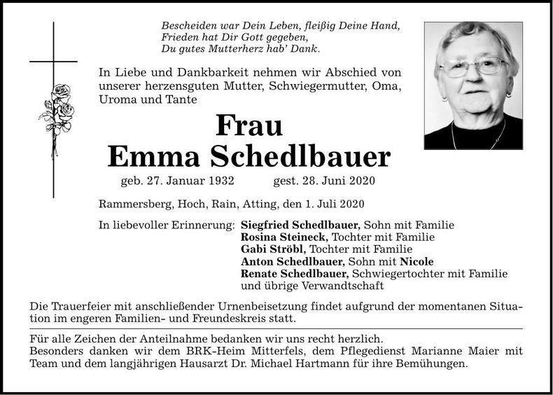 Traueranzeige Emma Schedlbauer