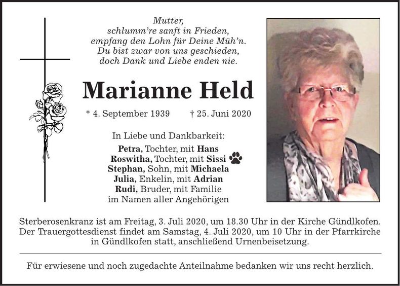Traueranzeige Marianne Held