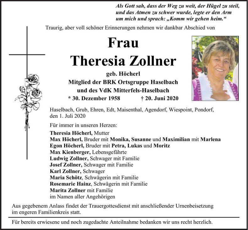 Traueranzeige Theresia Zollner