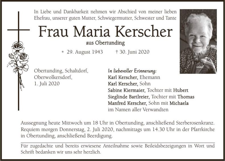 Traueranzeige Maria Kerscher