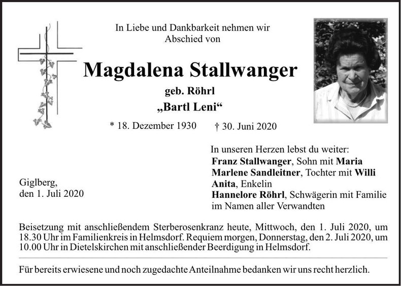 Traueranzeige Magdalena Stallwanger