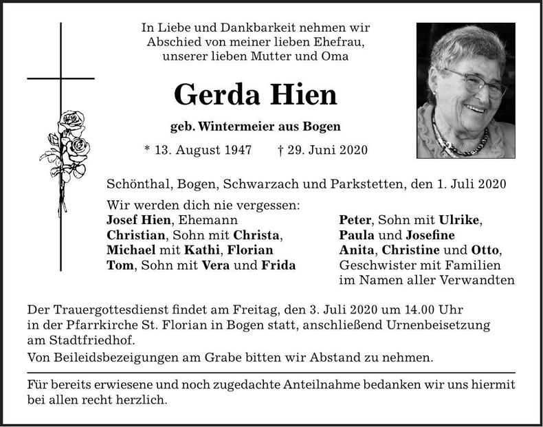 Traueranzeige Gerda Hien