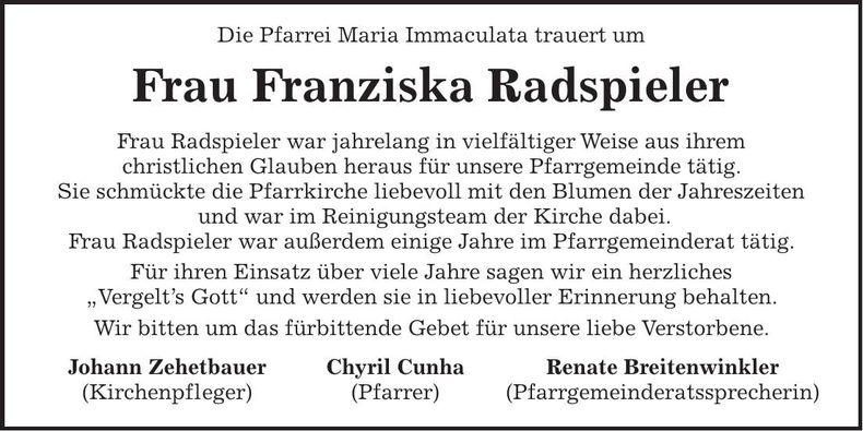 Traueranzeige Franziska Radspieler