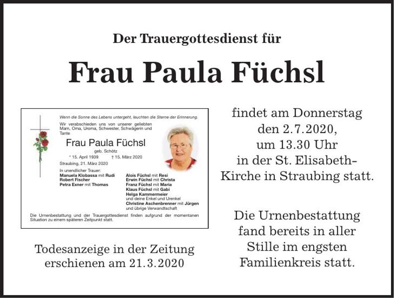 Traueranzeige Paula Füchsl