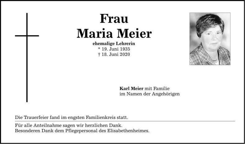 Traueranzeige Meier Maria
