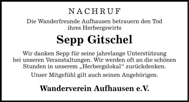 Traueranzeige Josef Gitschel