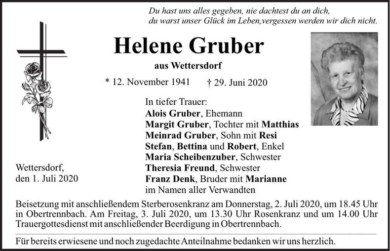 Traueranzeige Helene Gruber