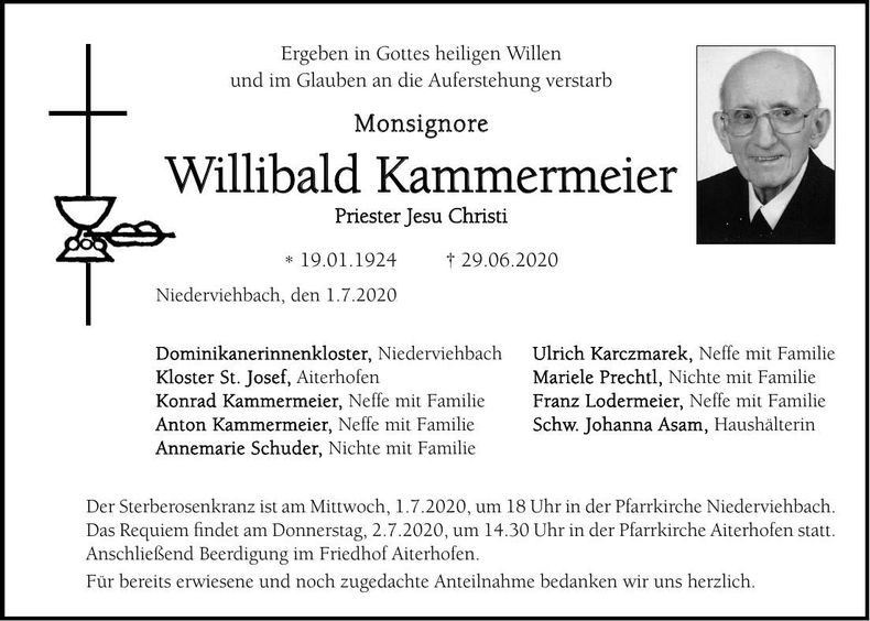 Traueranzeige Prister Jesu Christi Kammermeier Willibald