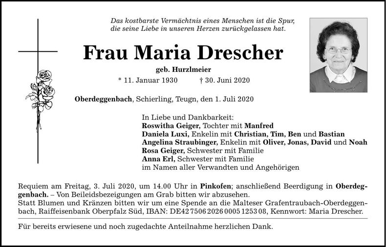 Traueranzeige Maria Drescher