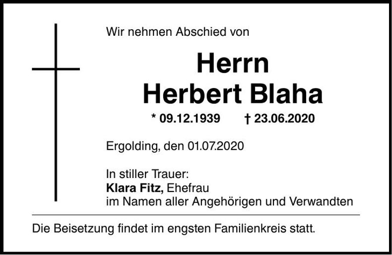 Traueranzeige Herbert Blaha