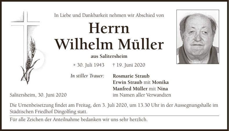 Traueranzeige Wilhelm Müller