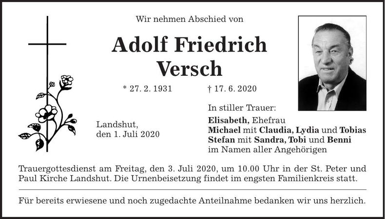 Traueranzeige Adolf Friedrich Versch