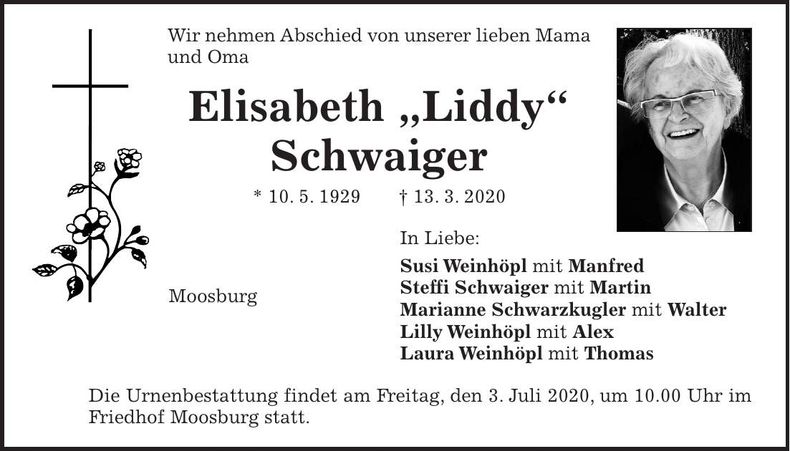 Traueranzeige Elisabeth Schwaiger
